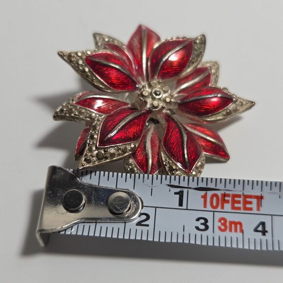 Vintage Red Enamel Poinsettia Flower Brooch Pin, Silver Tone Christmas Holiday J - Picture 5 of 5